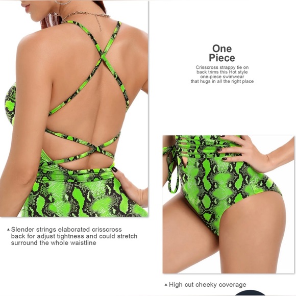 Neon Green Snake Skin Print One Piece Swimsuit Strappy US SIZE 2X Plunge Neck - Picture 4 of 5